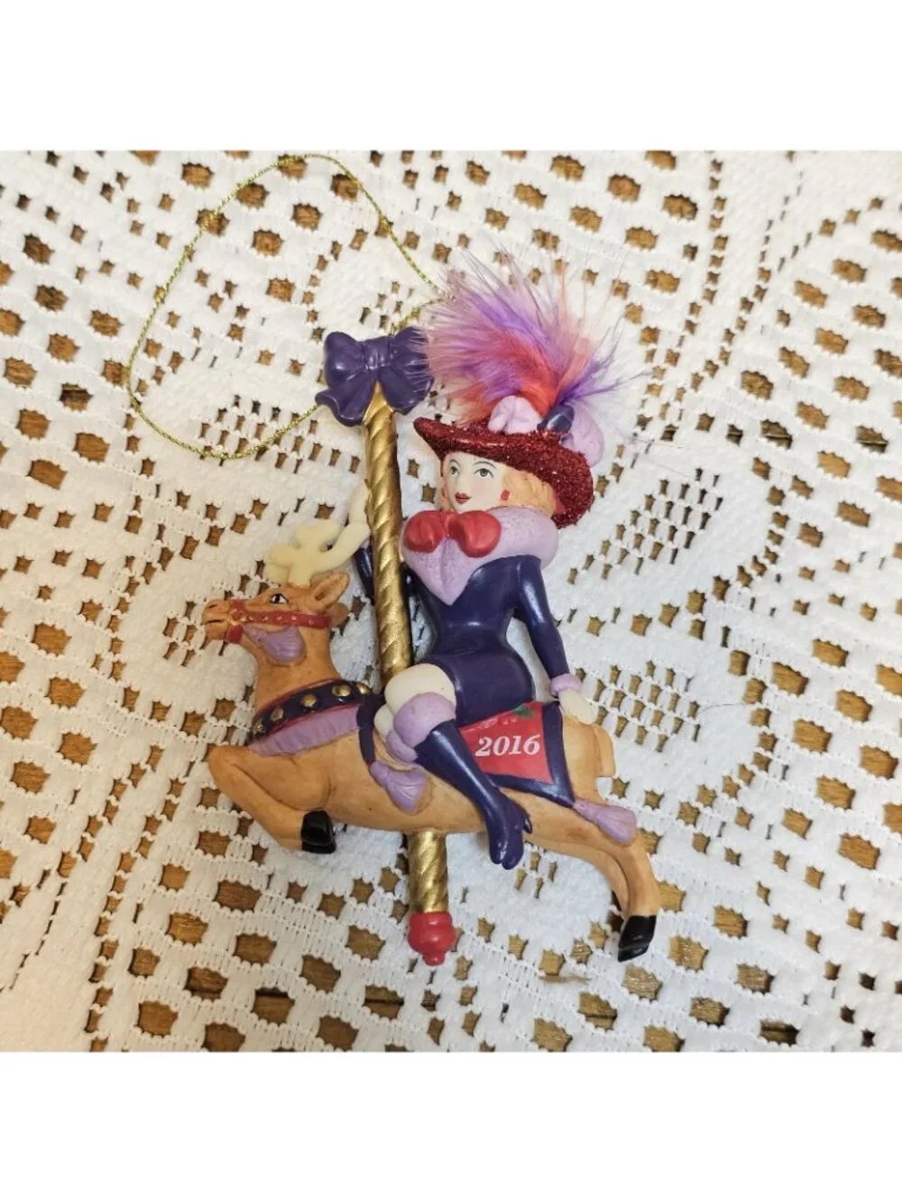 Danbury Mint Red Hat Society 2016 Ornament Lady Riding Carousel Reindeer BOXED
